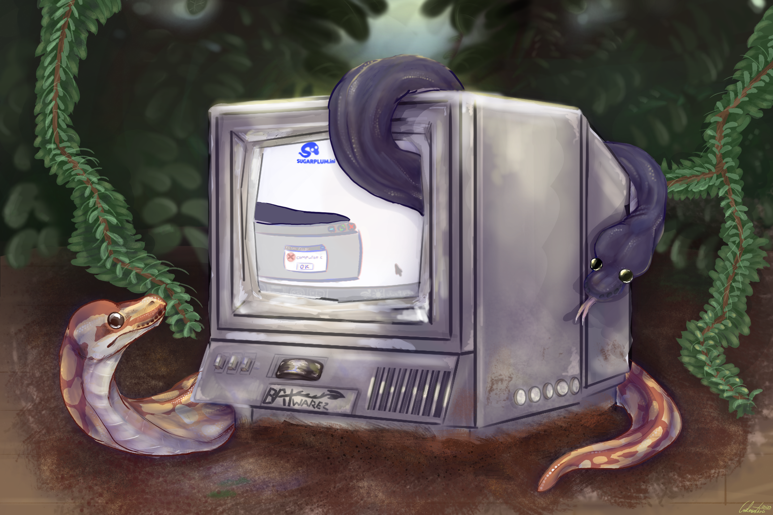 A drawing of two ball pythons surrounding a CRT monitor in the dirt. There's plants in the background.