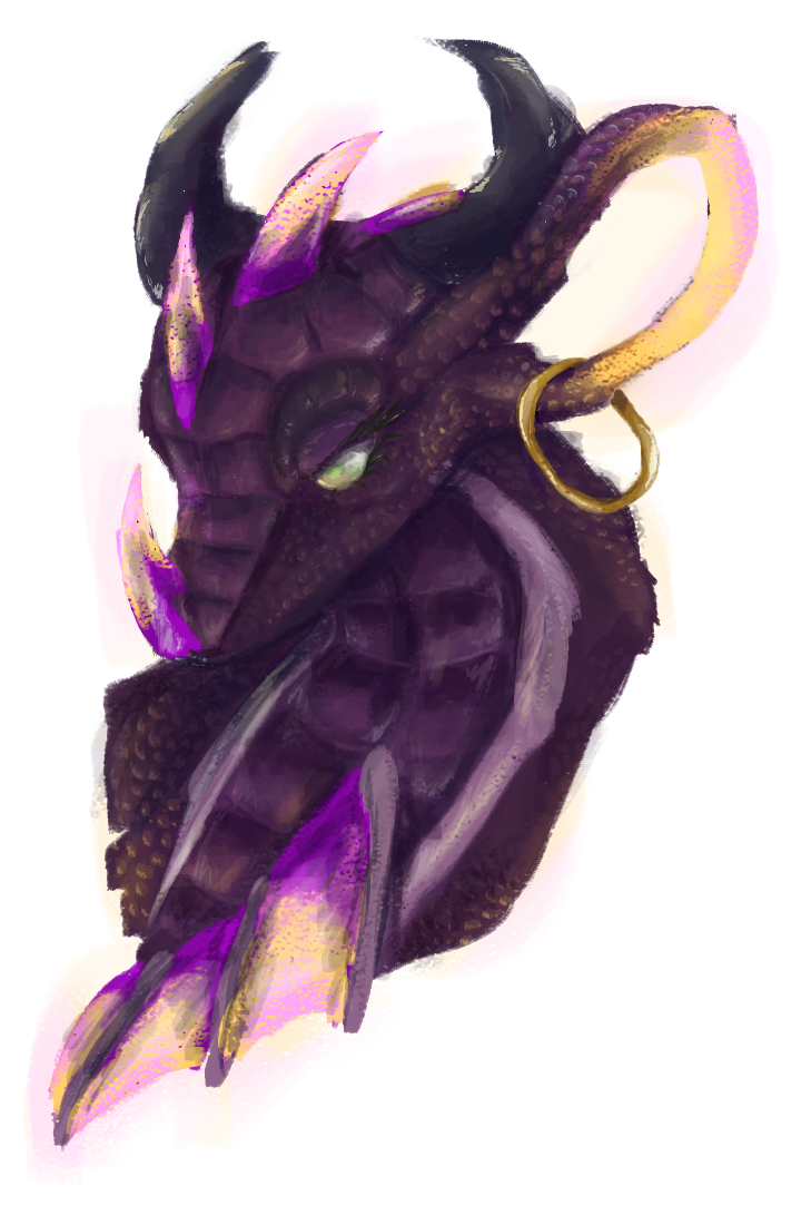 A sketch portrait of a purple dragon with empty green eyes. She has hot purple spots with pastel yellow and pink glowing spots on her horns, extended ear, and chest webbing