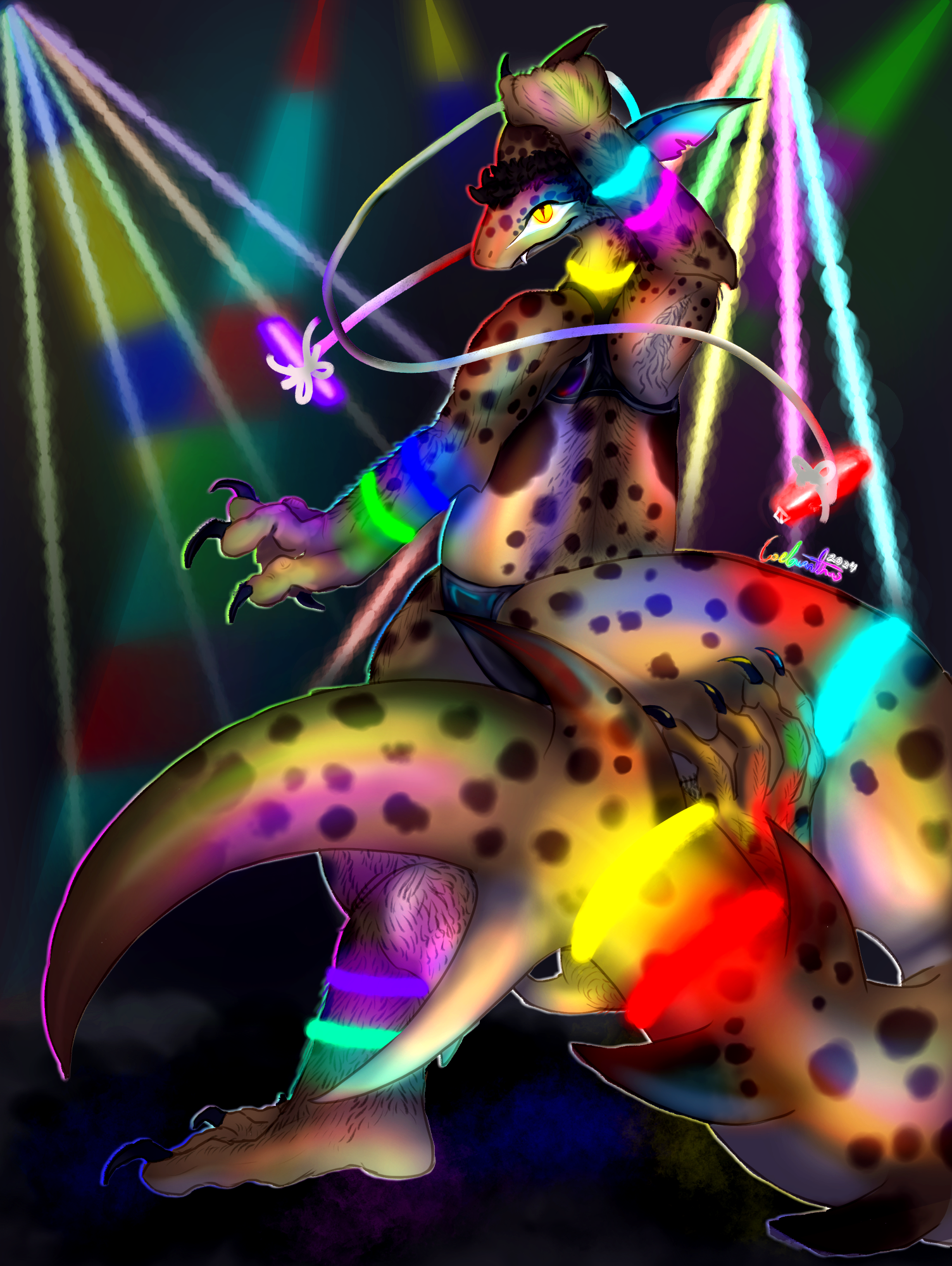 A colorful drawing of an epaulette shark furry covered in glowsticks dancing in a place with colorful lights. He's swinging around a string with two glowsticks on the end and looking at the viewer.