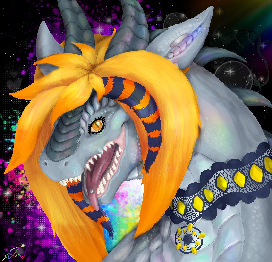 A drawing of a grey dragon with orange scene hair sticking her tongue out. She's wearing a choker with yellow gems and has many piercings. The background consists of rainbows and sparkles on a black background