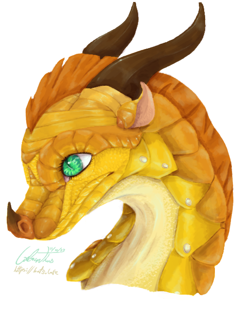 A detailed portrait of the head and neck of Sunny, from Wings of Fire. She's yellow and orange and has big green eyes. 